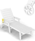 FOOWIN Chaise Lounge Chair, HDPE Lounge Chair Outdoor with 5 Positions, Oversized Pool Lounge Chairs with Rolling Wheels & Cup Holder for Poolside Deck Backyard, White