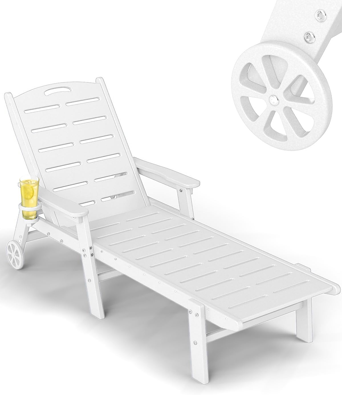 FOOWIN Chaise Lounge Chair, HDPE Lounge Chair Outdoor with 5 Positions, Oversized Pool Lounge Chairs with Rolling Wheels & Cup Holder for Poolside Deck Backyard, White