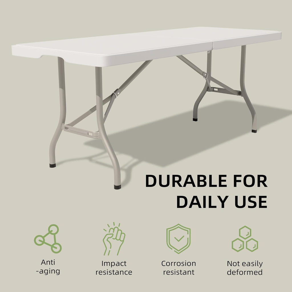 Folding Table 6 Foot - Heavy Duty 330LBS Capacity, Sturdy & Foldable Design with Safety Lock - Portable Tables Folding for Camping, Party, Indoor & Outdoor Use, 1 Pack