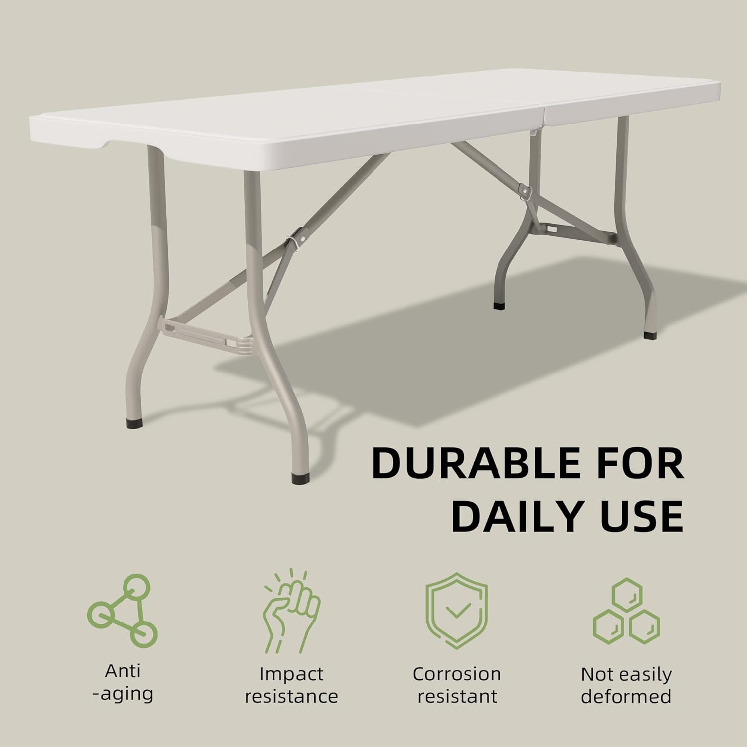 Folding Table 6 Foot - Heavy Duty 330LBS Capacity, Sturdy & Foldable Design with Safety Lock - Portable Tables Folding for Camping, Party, Indoor & Outdoor Use, 1 Pack