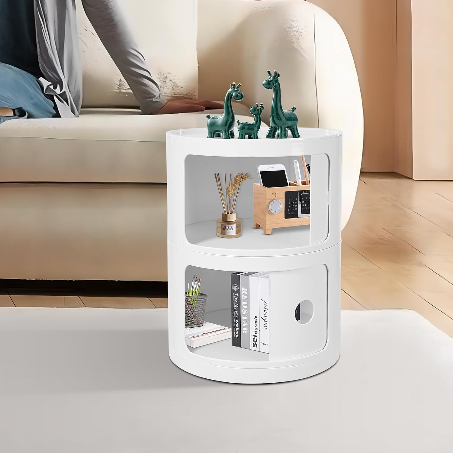 2-Tier Circular Nightstand, Round Nightstand, Circular Side Table with Drawer, Cylindrical Cabinet, ABS Sliding Doors, Modern Bedside Table for Bedroom Living Room, 12.5 Inch, 88 Lbs Capacity