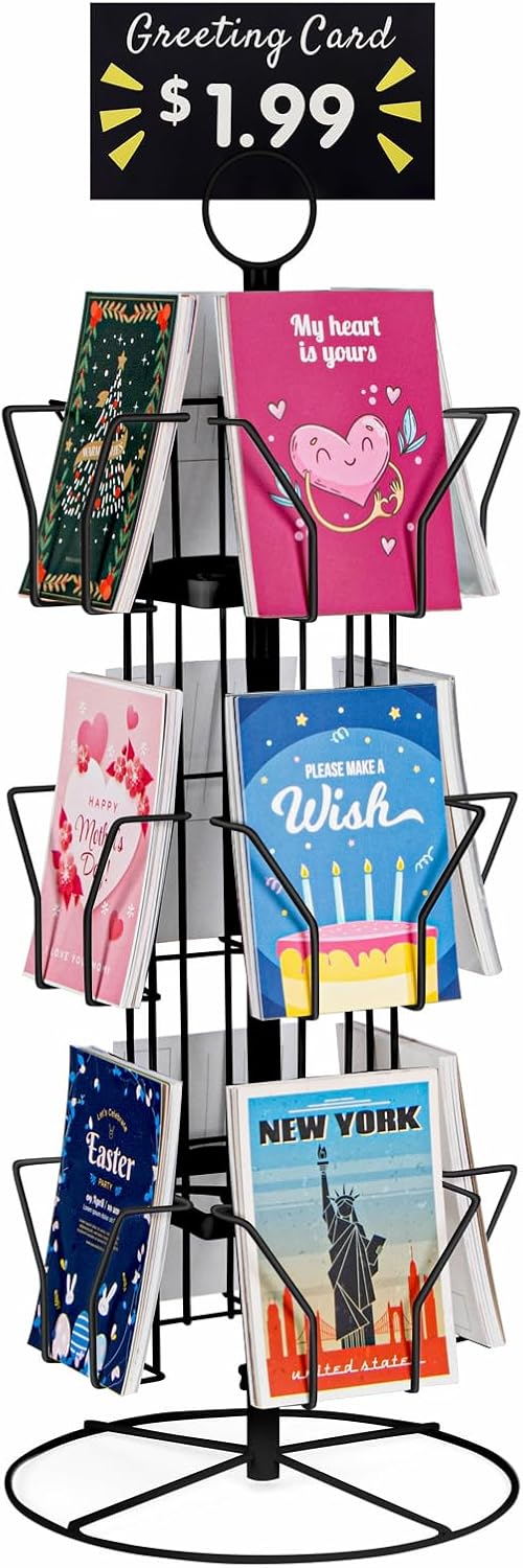 ANBOXIT Greeting Card Display Stand Rotating Rack Holder, for Postcard Sticker Retail, Metal Black, 12 Display Pockets