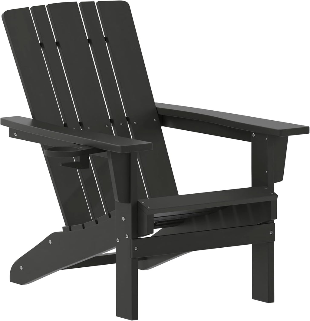 Flash Furniture Halifax Adirondack Chair with Cup Holder, Weather Resistant Poly Resin Adirondack Chair, Black