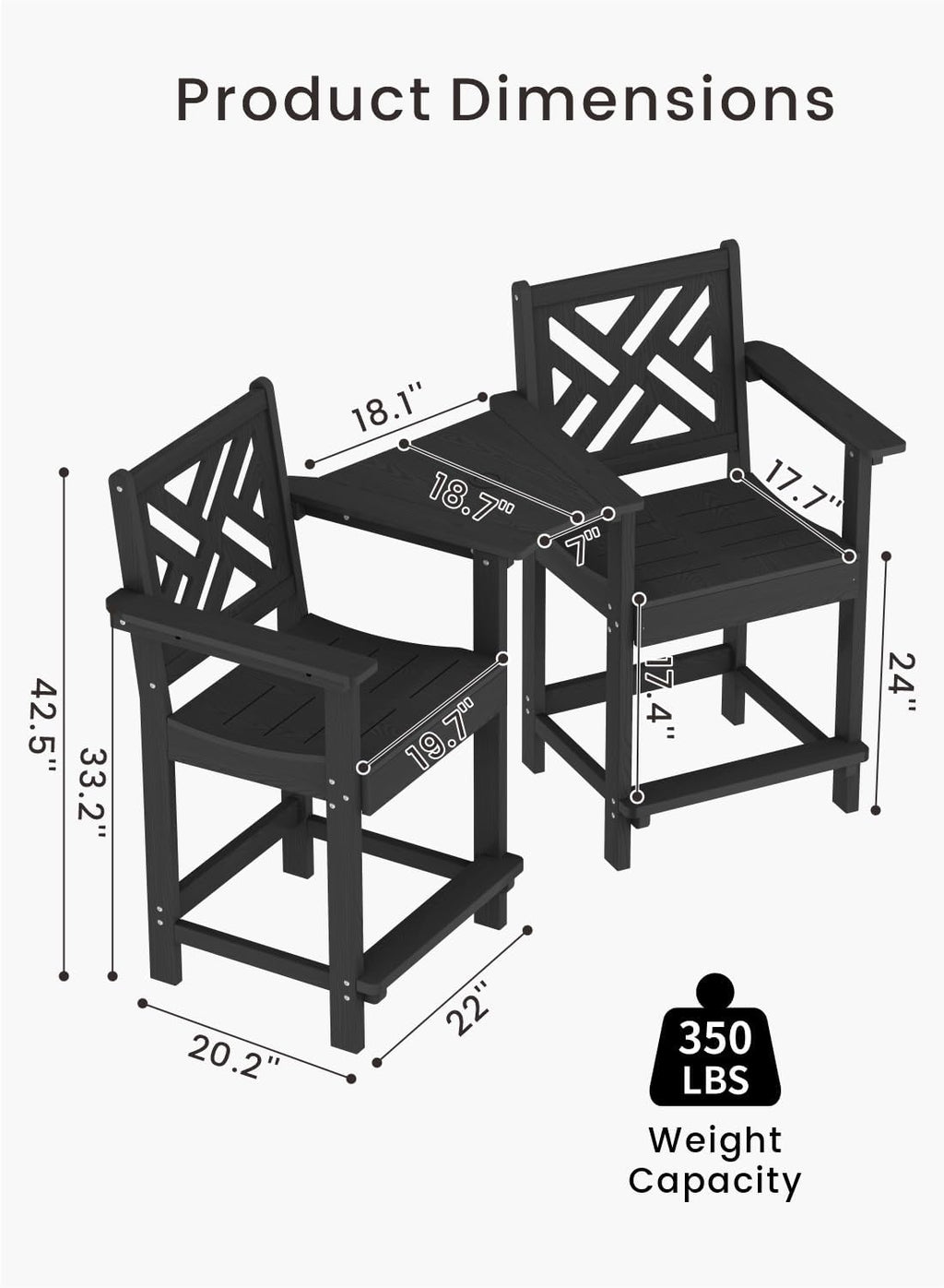Tall Adirondack Chairs Set of 2, Outdoor 24'' Counter Height Bar Stools with Back and Arms, All-Weather HDPE Patio Tall Chairs for Balcony, Backyard, Garden, Deck (Black)