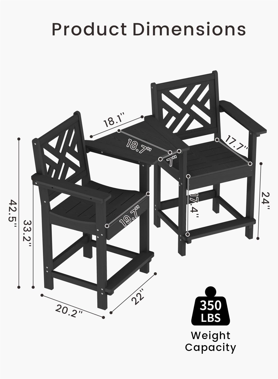 Tall Adirondack Chairs Set of 2, Outdoor 24'' Counter Height Bar Stools with Back and Arms, All-Weather HDPE Patio Tall Chairs for Balcony, Backyard, Garden, Deck (Black)