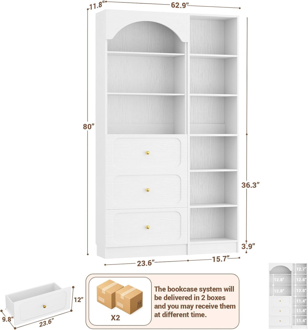 Cyclysio 80" Tall Pantry System with 3 Drawers, Arched Pantries with 9-Tier Open Shelves, Wooden Cupboard Storage Organizer with Baseboard Cutout for Living Room, Kitchen