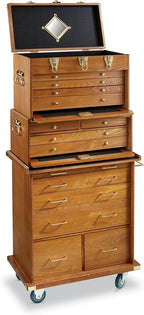 CASTLECREEK 4-Drawer Collector's Chest, Wooden Desk Storage Box Organizer Lockable Compartments Oak