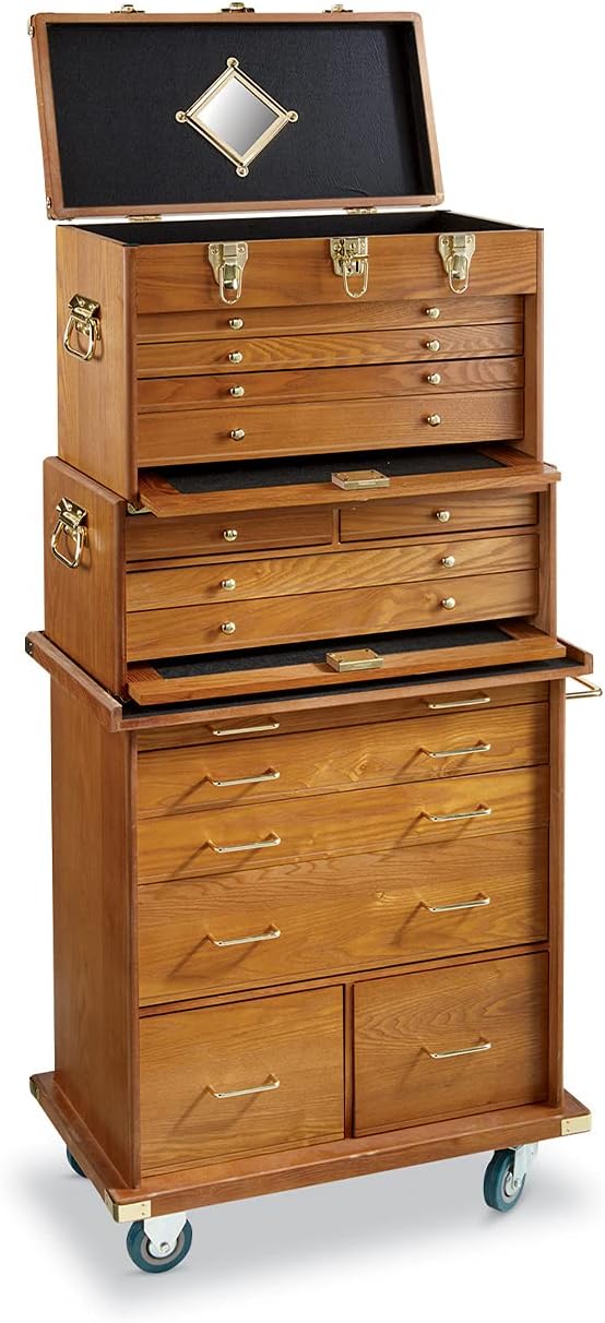 CASTLECREEK 4-Drawer Collector's Chest, Wooden Desk Storage Box Organizer Lockable Compartments Oak