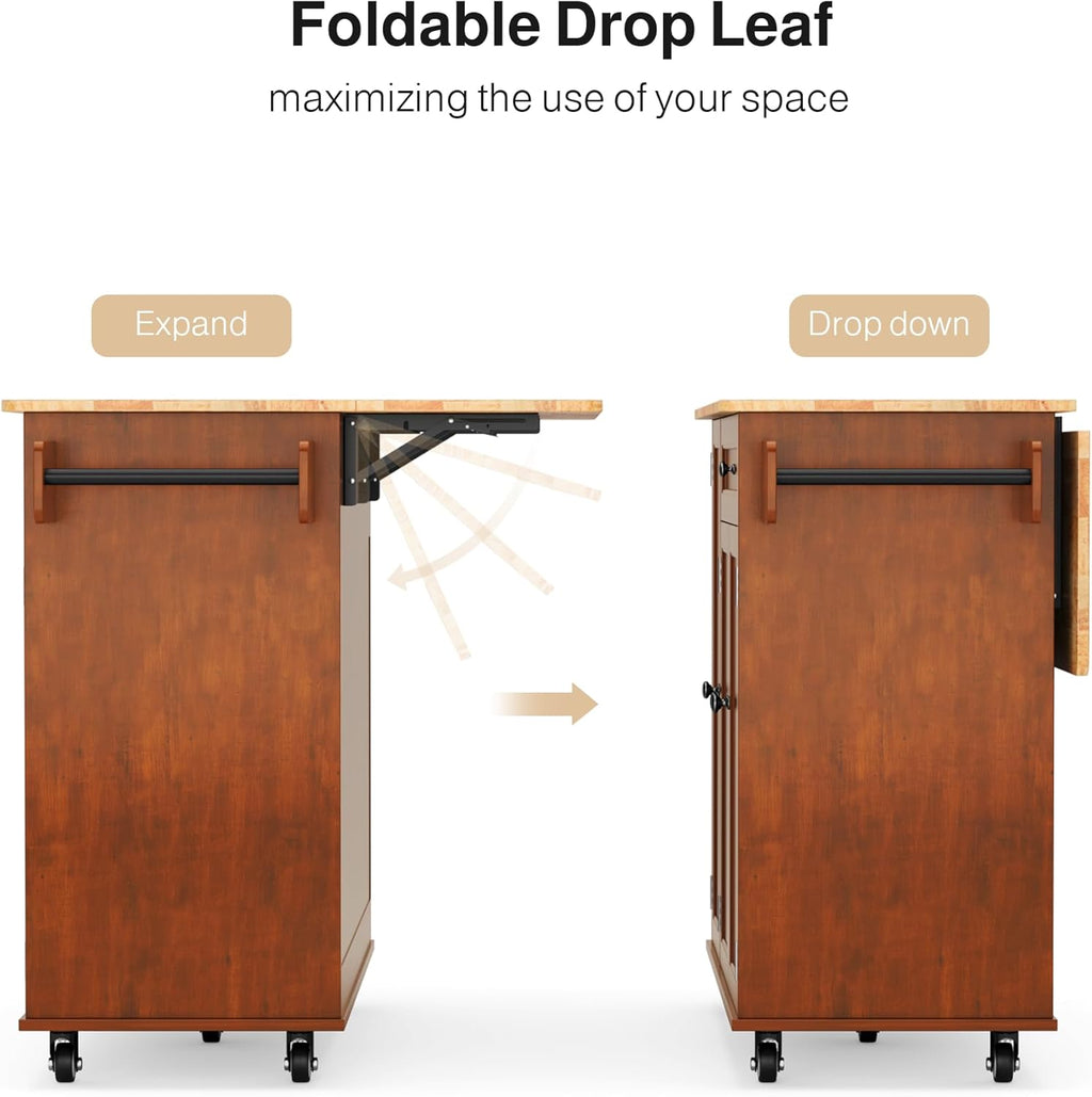 Ahomly Kitchen Island with Storage, Rolling Kitchen Island on Wheels with Drop Leaf, Interal Storage Rack, a Drawer, Spicy Rack and Towel Bar, Mobile Island Table for Kitchen, Brown