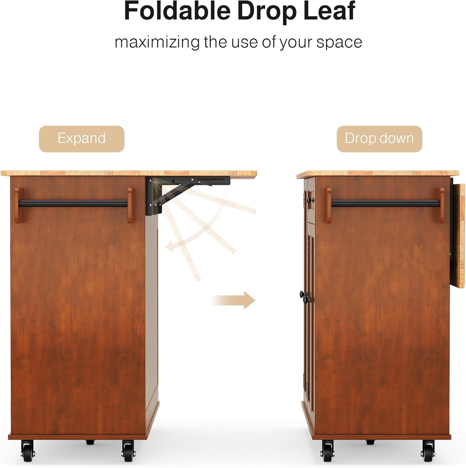 Ahomly Kitchen Island with Storage, Rolling Kitchen Island on Wheels with Drop Leaf, Interal Storage Rack, a Drawer, Spicy Rack and Towel Bar, Mobile Island Table for Kitchen, Brown
