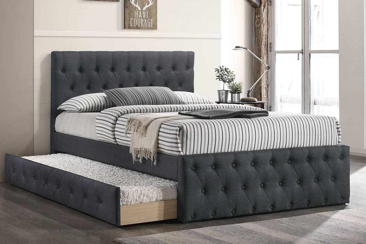 Contemporary Full Size Bed w, Trundle Slats Charcoal Burlap Upholstered Button Tufted Headboard Footboard Youth Bedroom Furniture Wooden Slats 1pc Bed
