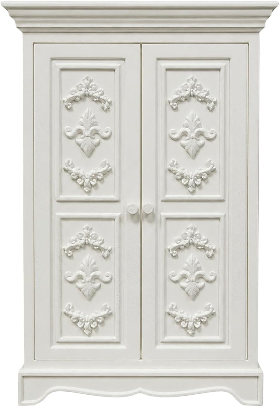 Small-Scale Wardrobe Furniture, French Inspired Double Door Armoire with White Relief Panels for Bedroom Display and Room Box Decor Small Scale Wardrobe French Armoire Double Door Cabinet White Relief