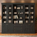 Vyre 71" Tall Farmhouse Kitchen Pantry, Set of 3 Large Storage Cabinets with Glass Doors, Freestanding Wood Hutch Cabinet with 3 Drawers, Adjustable Shelves for Living Room, Dining Room, Black