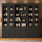 Vyre 71" Tall Farmhouse Kitchen Pantry, Set of 3 Large Storage Cabinets with Glass Doors, Freestanding Wood Hutch Cabinet with 3 Drawers, Adjustable Shelves for Living Room, Dining Room, Black