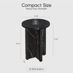 LEVNARY 15.7" Round Side Table with Marble-Look Top, Modern End Table with Scalloped Fluted Base, Small Circular Accent Table with Adjustable Feet for Living Room Bedroom (Black)