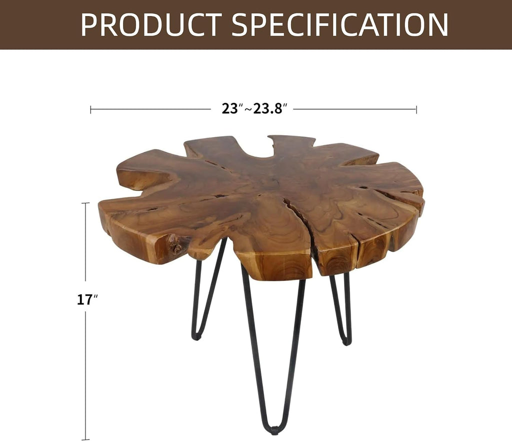 DUHOME Natural Live Edge Side Table - One-of-a-Kind Solid Wood Slab with Unique Shape, Grain & Cracks, Black Hairpin Legs, Rustic Boho Side Table for Living Room, Bedroom, Sofa