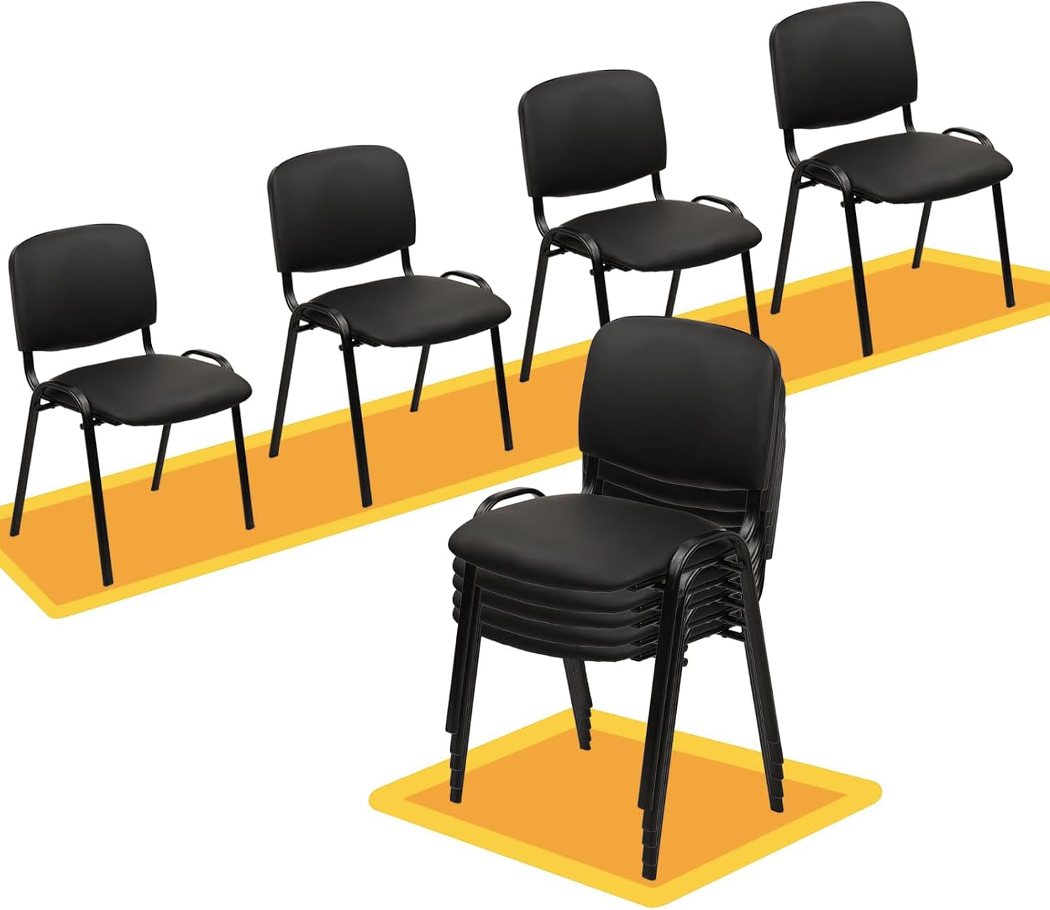 CLATINA Stackable Armless Guest Chairs, PU Leather Thick Cushion Waiting Room Chairs, Heavy Duty Metal Frame No Wheels Stackable Office Reception Chair for Lobby Conference Room School Black，10 Pack