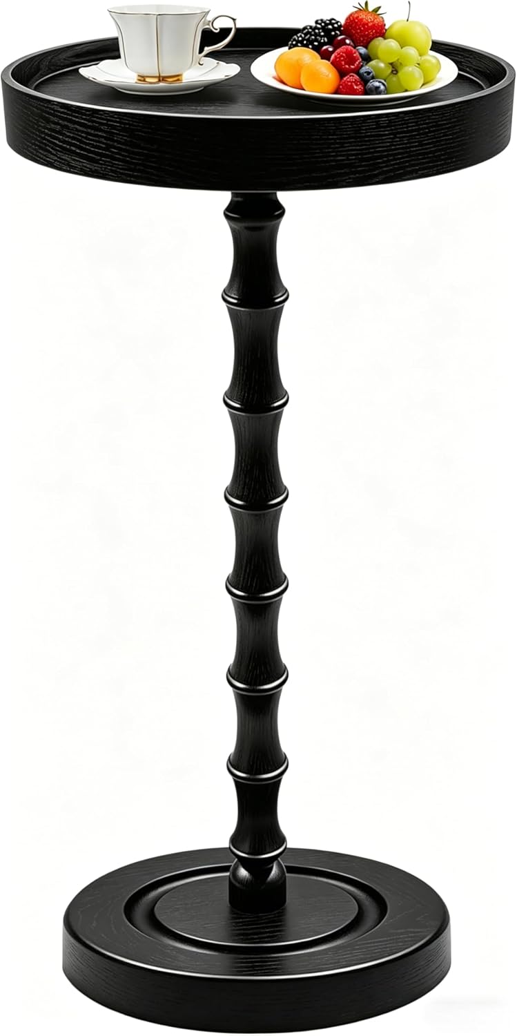 amzwkt 100% Solid Wood Round Side Table, Sturdy Pedestal Martini Drink Table, Easy Assembly Accent End Table for Small Spaces Living Room Bedroom Office Corners, Black Premium