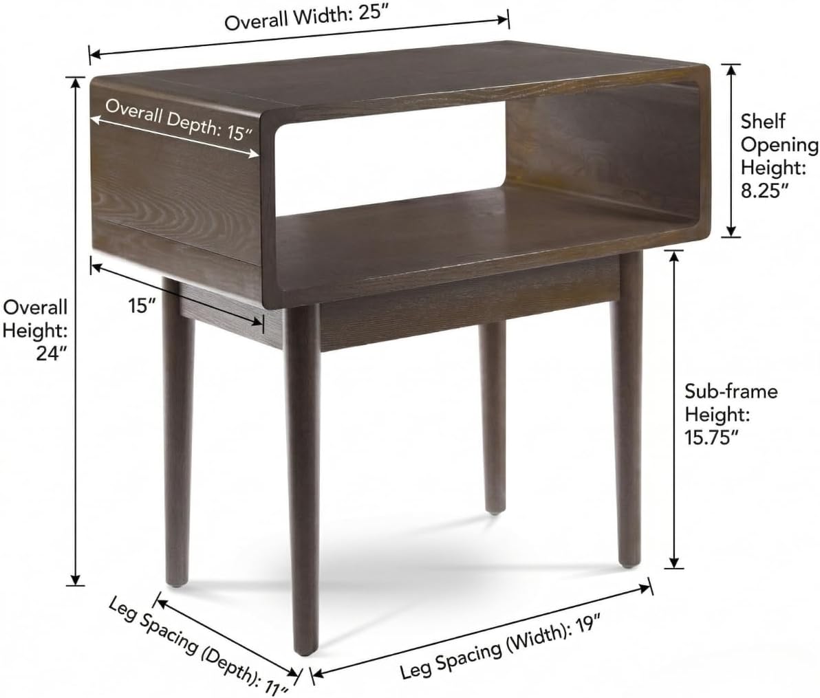 Hives & Honey Dora Side Table, Mid-Century Modern Nightstand with Open Storage Shelf, Wood End Table with Rounded Edges & Tapered Legs for Bedroom or Living Room, Walnut