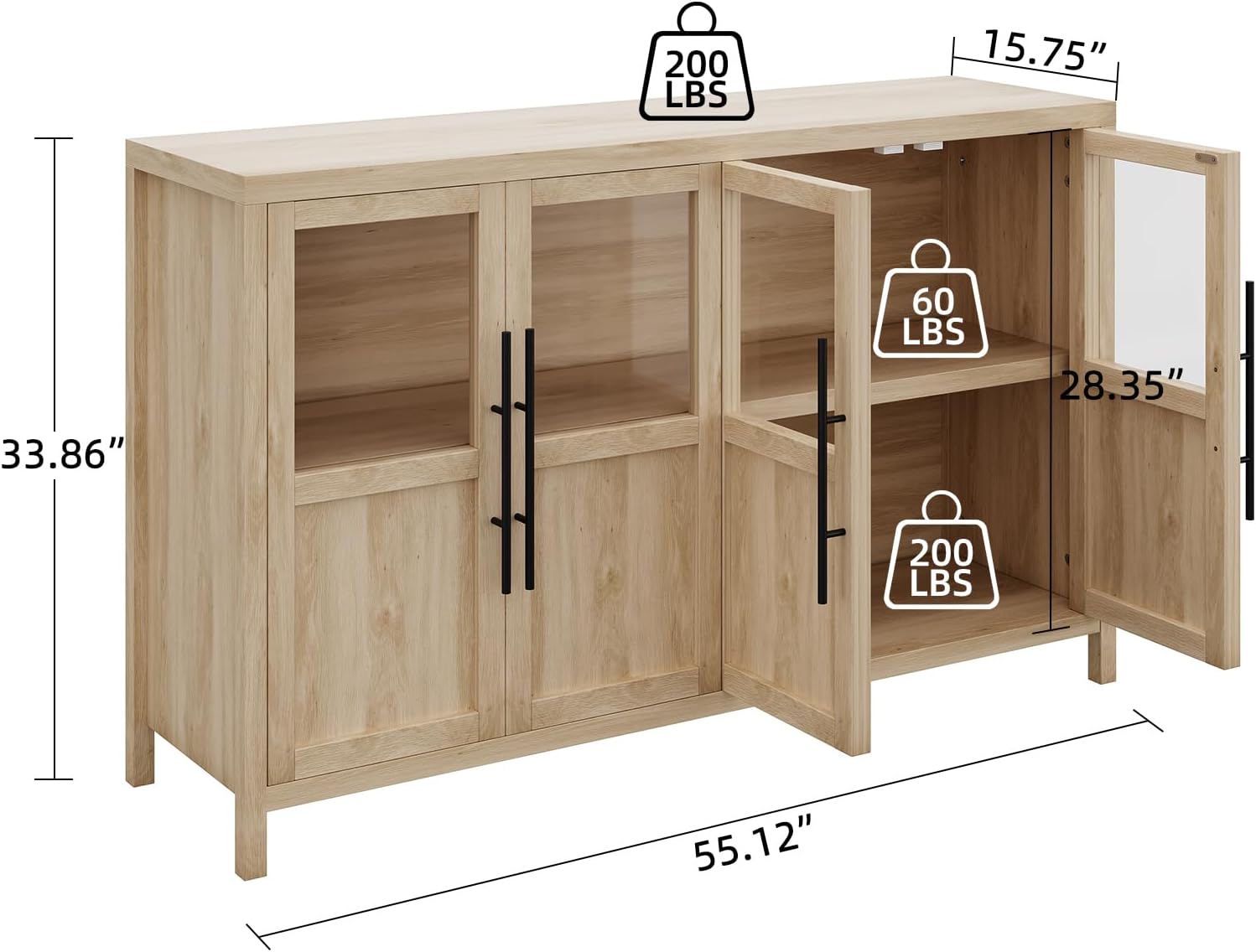 GarveeHome Sideboard Buffet Cabinet with 4 Glass Doors, 55 in Buffet Table Coffee Bar Wine Bar Display Cabinet for Kitchen Dining Room, Living Room (Glass with 4 Doors, Natrual)