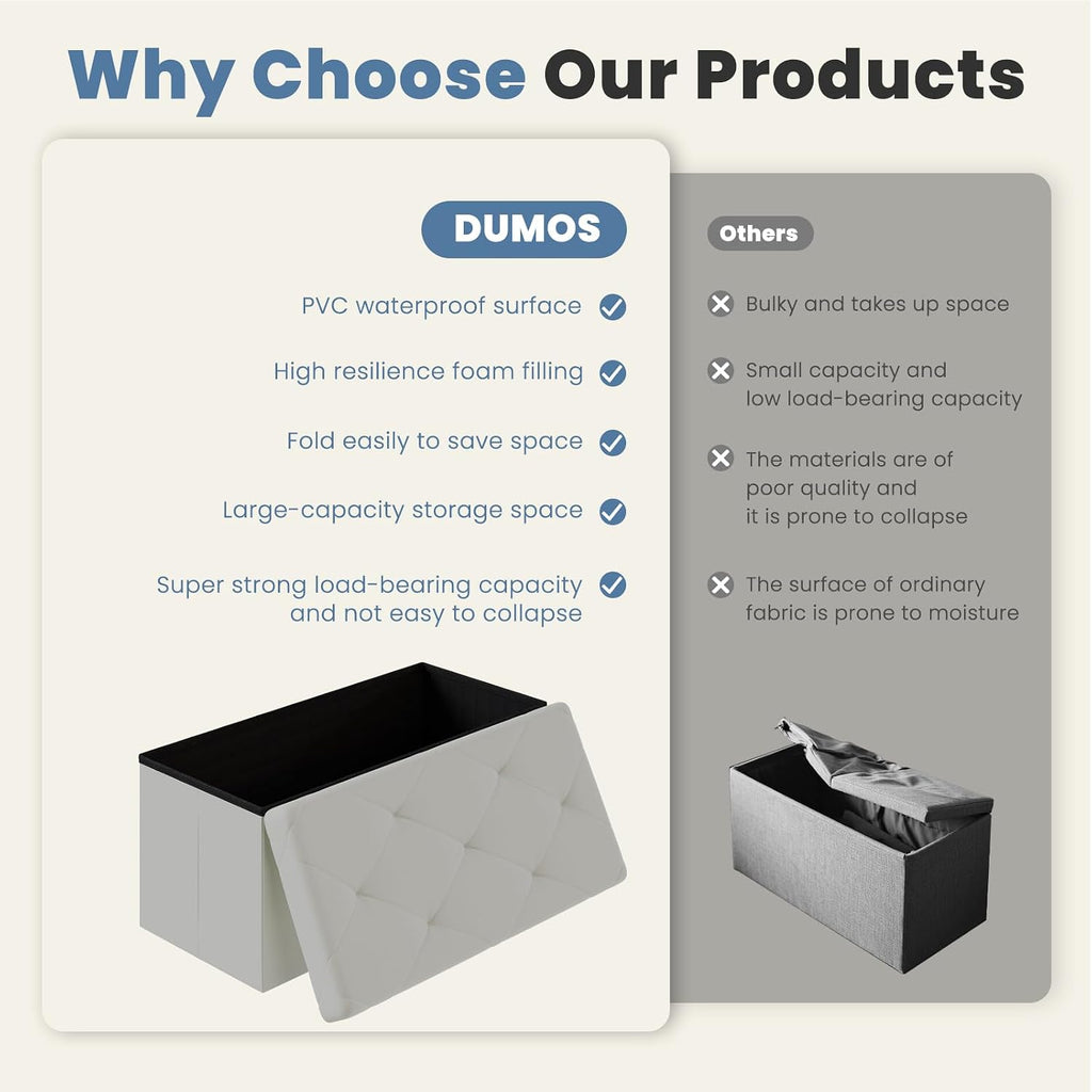 DUMOS 30 Inches Folding Ottoman with Storage Bench, Foot Rest Stool, End of Bed Storage Bench Upholstered, Load 660 lbs, for Living Room, Lychee Grain Leather, Grey