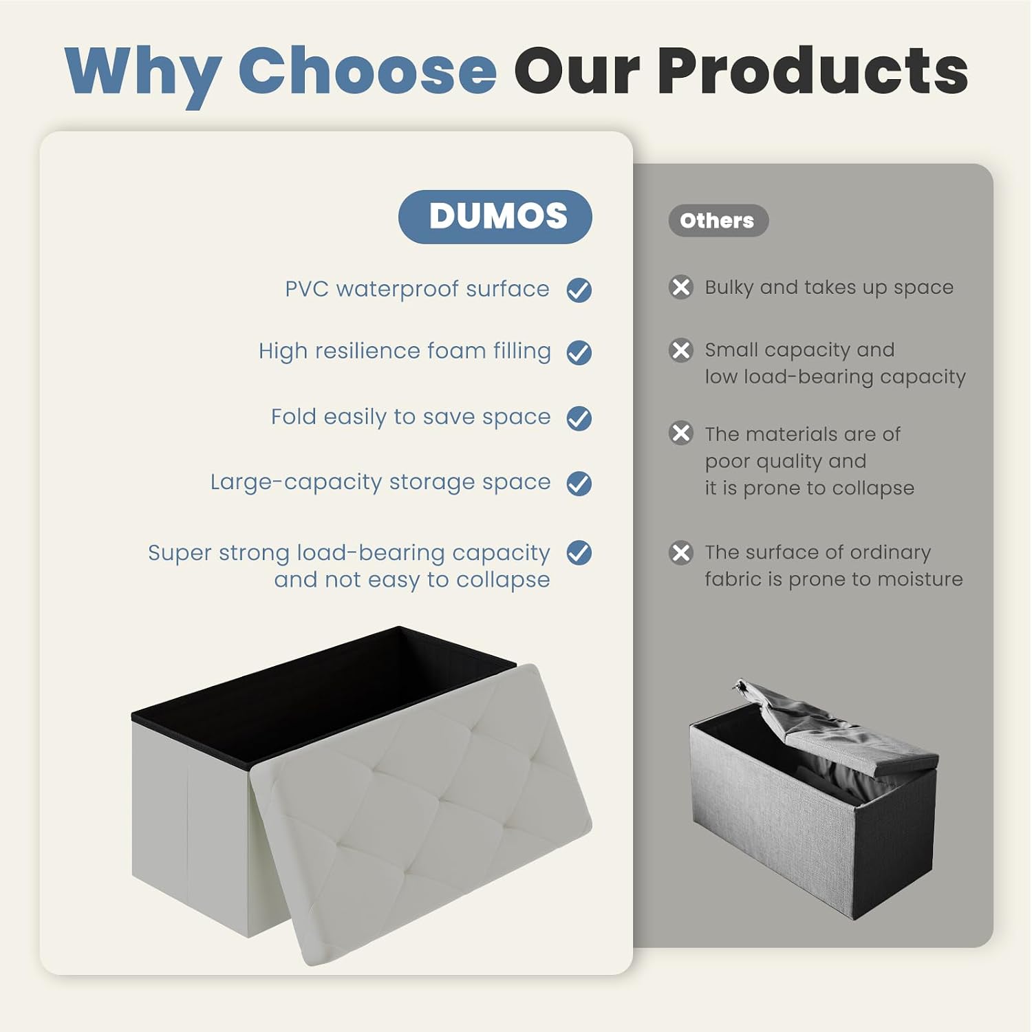 DUMOS 30 Inches Folding Ottoman with Storage Bench, Foot Rest Stool, End of Bed Storage Bench Upholstered, Load 660 lbs, for Living Room, Lychee Grain Leather, Grey