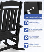 FOOWIN 3-Piece Outdoor Rocking Chairs Set, High Back Patio Rocker with Side Table, HDPE All Weather Resistant Oversized Rocking Chairs for Indoors, Porch, Patio, Backyard, Black (Black, 3-Set)