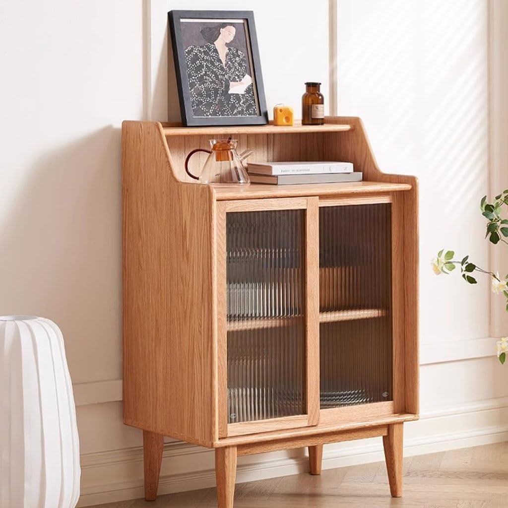 Entryway Cabinet Solid Wood Sideboard Modern Minimalist Glass Door Wine Cabinet Nordic Oak Dining Room Storage Cabinet Sideboard Storage Cabinet