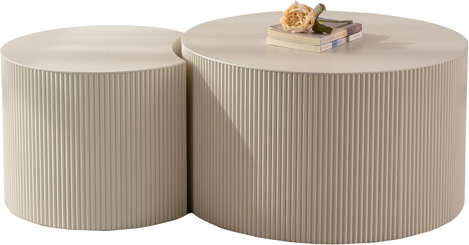 WILLIAMSPACE Beige Round Nesting Coffee Table Set of 2 with Wave Stripe, Modern Wooden Circle Drum Tables Center Table Accent Side Crescent Shape Table for Living Room, No Assembly, 18.9" + 14.96"