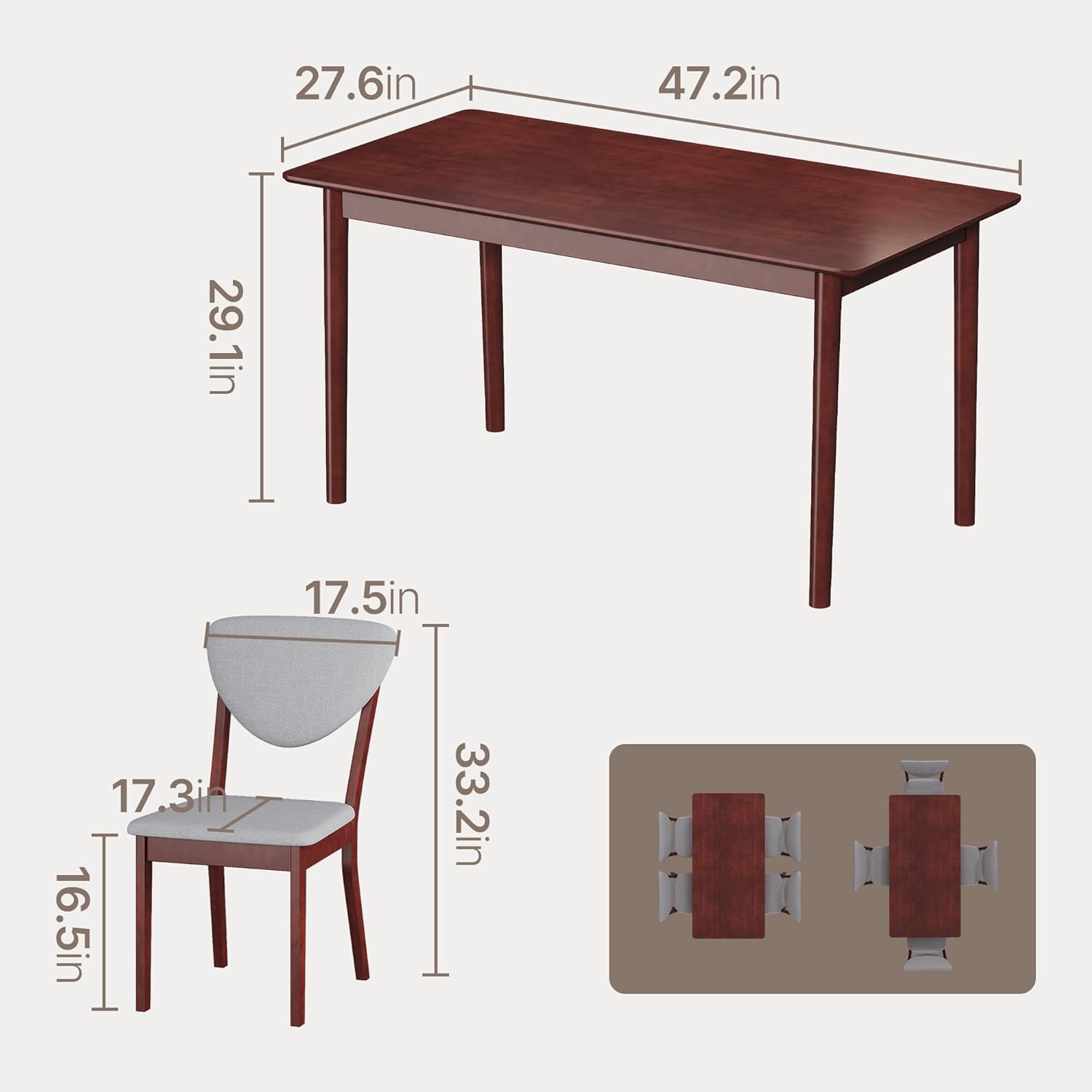 Ahomly 5-Piece Dining Table Set for 4,Solid Wood Kitchen Table Set with 4 Upholstered Linen Chairs, Space-Saving Dining Room Furniture for Apartment, Home, Dark Cherry/Grey
