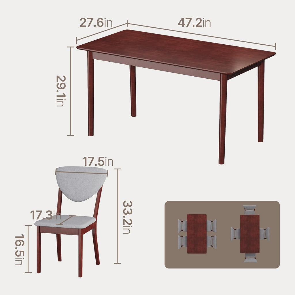Ahomly 5-Piece Dining Table Set for 4,Solid Wood Kitchen Table Set with 4 Upholstered Linen Chairs, Space-Saving Dining Room Furniture for Apartment, Home, Dark Cherry/Grey