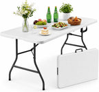6FT Folding Table, Portable Fold-in-Half Plastic Utility Table with Carrying Handle, Heavy Duty Indoor Outdoor Dining Picnic Camping Party Table, Waterproof & Scratch Resistant, White