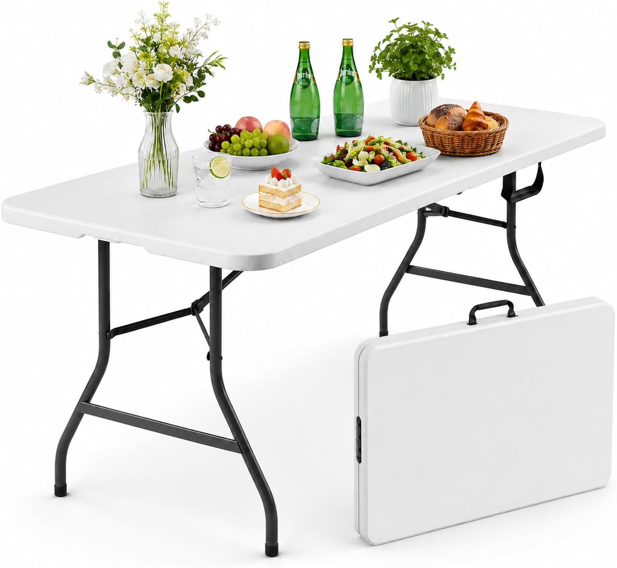 6FT Folding Table, Portable Fold-in-Half Plastic Utility Table with Carrying Handle, Heavy Duty Indoor Outdoor Dining Picnic Camping Party Table, Waterproof & Scratch Resistant, White