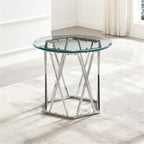 Pemberly Row Round Tempered Glass End Table, 26 in Width, Silver Chrome Finish, Iron Base with Hexagonal Design, Modern Accent Table for Living Room or Bedroom Use