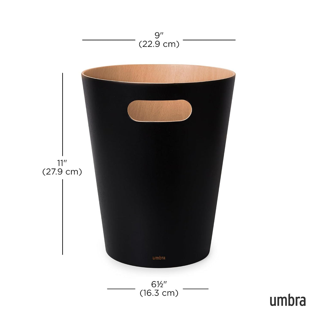 Umbra Woodrow 2-Gallon Modern Wooden Trash Can Wastebasket, Attractive Bin for Garbage or Recycling, Suitable for Home or Office, Black