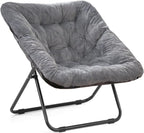 Grezone Folding Comfy Saucer Chair,Soft Faux Portable Folding Bedroom Chair for Bedroom, Dorm Rooms, Apartments, Lounging, Garden,Grey