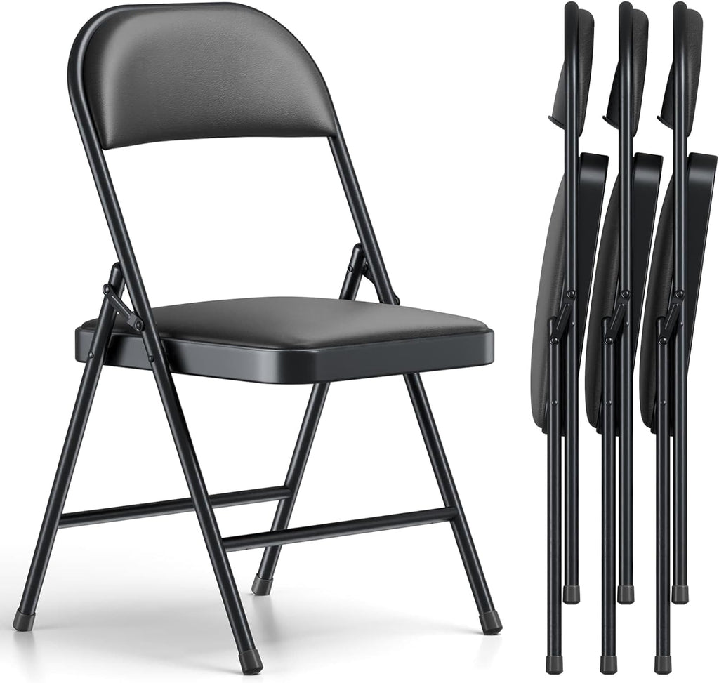 Folding Chairs 4 Pack,350 lbs Heavy Duty Metal Frame Folding Chairs with PU Leather Cushion, Ergonomic Foldable Chair with Non-Slip Feet, Portable Stackable Seating for Wedding Camping Events-Black
