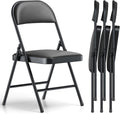 Folding Chairs 4 Pack,350 lbs Heavy Duty Metal Frame Folding Chairs with PU Leather Cushion, Ergonomic Foldable Chair with Non-Slip Feet, Portable Stackable Seating for Wedding Camping Events-Black