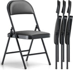 Folding Chairs 4 Pack,350 lbs Heavy Duty Metal Frame Folding Chairs with PU Leather Cushion, Ergonomic Foldable Chair with Non-Slip Feet, Portable Stackable Seating for Wedding Camping Events-Black