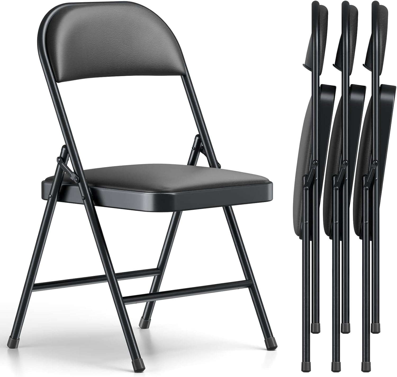 Folding Chairs 4 Pack,350 lbs Heavy Duty Metal Frame Folding Chairs with PU Leather Cushion, Ergonomic Foldable Chair with Non-Slip Feet, Portable Stackable Seating for Wedding Camping Events-Black