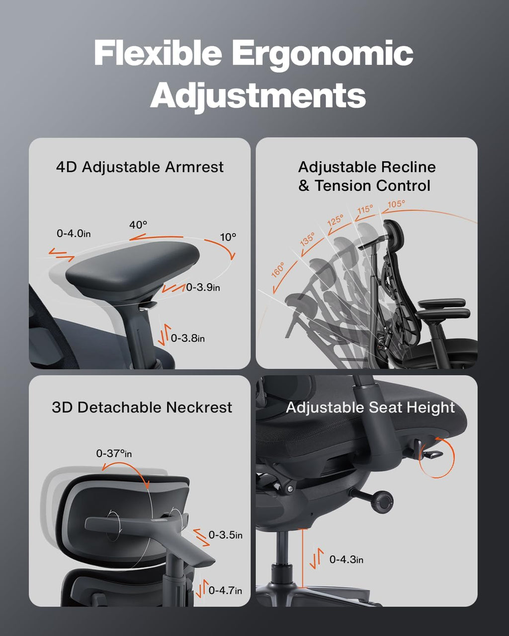 LiberNovo PRO Airflow Dynamic Ergonomic Chair with Footrest, Active Airflow Seat Ventilation, 2 Fan Speeds, Instant Cooling for Long-Lasting Comfort, 5 Recline, Built-in Spine Stretch, Graphite, 48cm