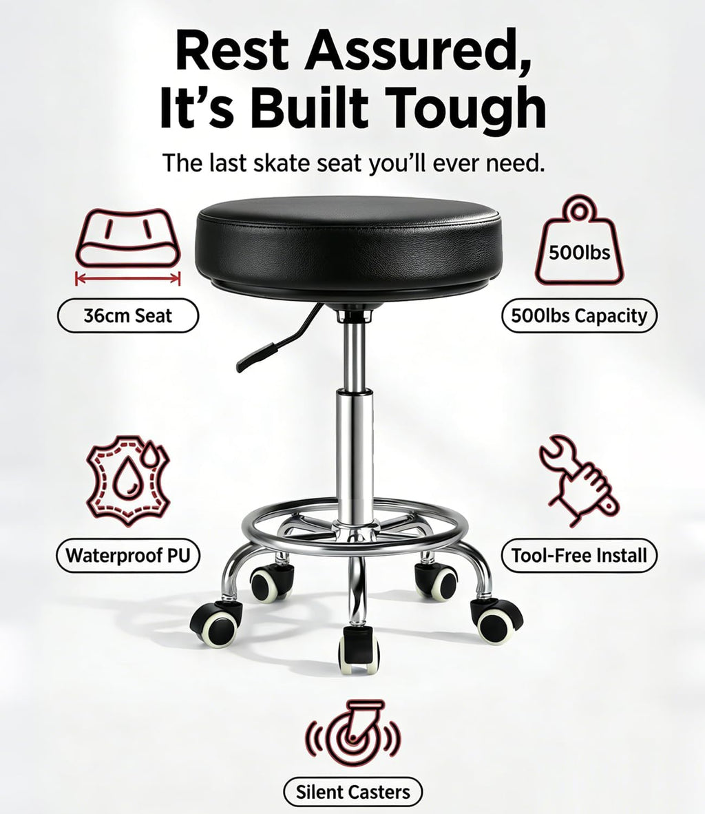Adjustable Rolling Stool with Wheels 500lb Heavy Duty Round Rolling Stool with Footrest, Thick 7.6cm Cushion Patent Leather Drafting Stool Chair with Wheels Work Spa Salon Seat（Black）