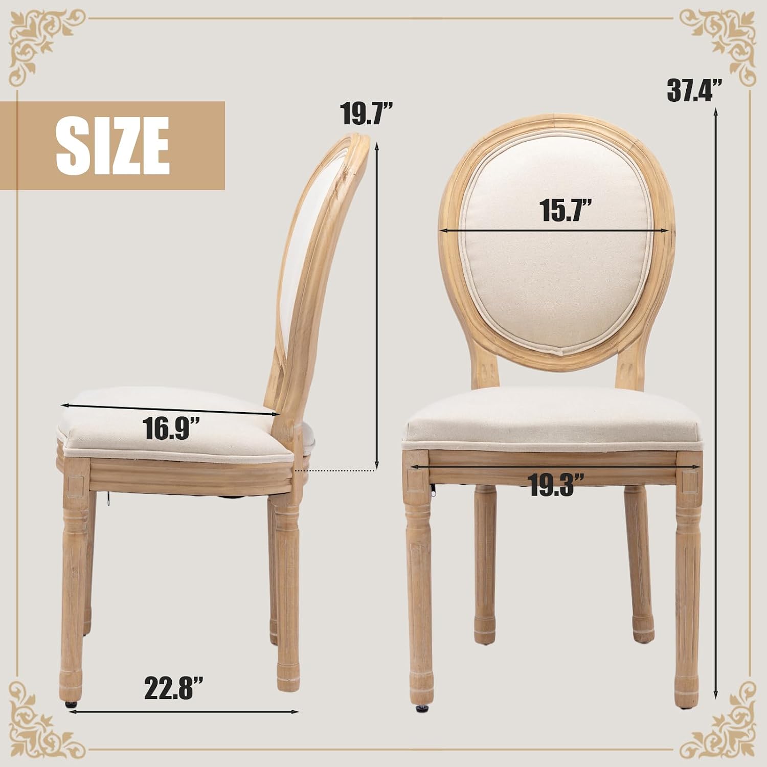 SoarFlash French Dining Chairs Set of 6, Vantage Linen Dining Chair with Round Back, Farmhouse Country Dining Chair for Living Room,Kitchen,Bedroom,Beige
