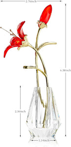 Crystal Lily Figurine, Glass Flowers with Stem,Flower Collectible Gifts for Woman, Wedding Party Decor(Red)