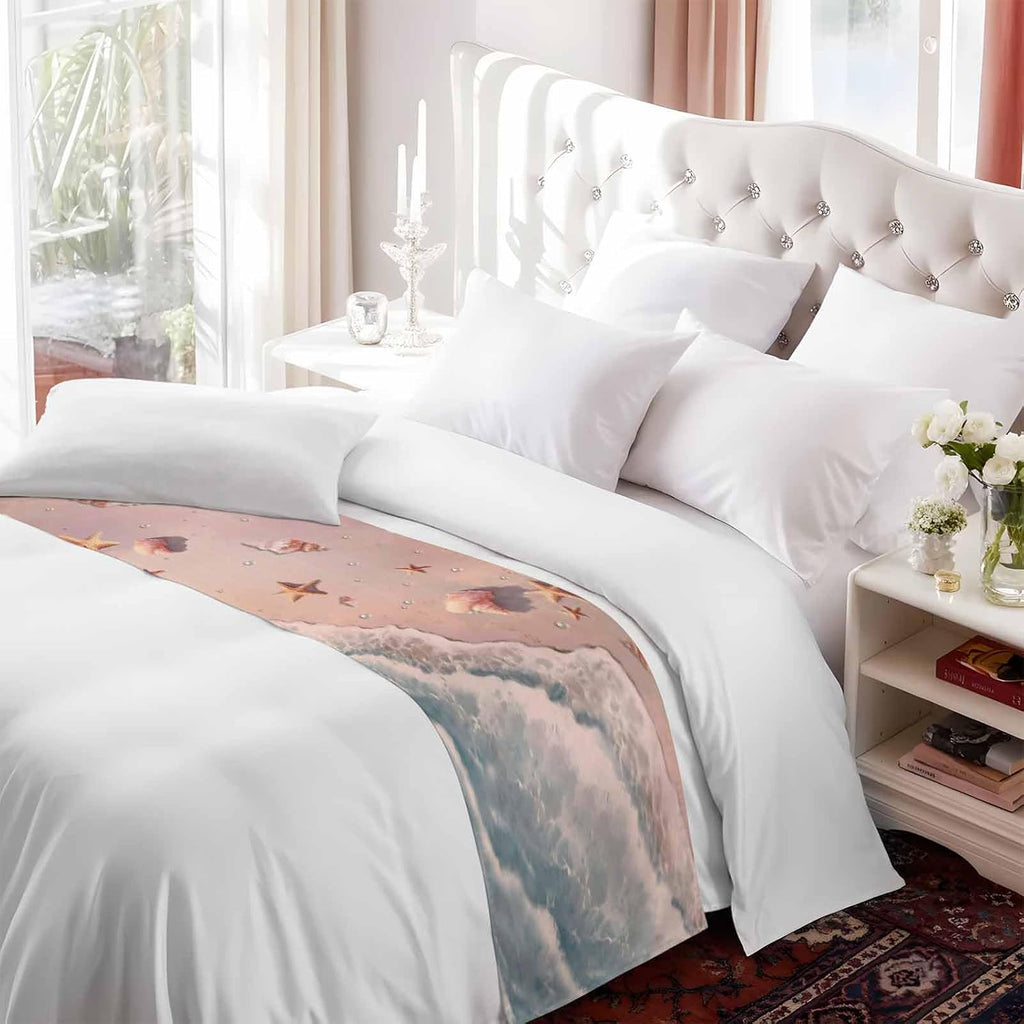 Summer Beaches Bed Runner for King Size Bed, 102"x20" Nautical Ocean Pink Wave Sea Nut Starfish Pearl Luxury Bed Runners & Scarves Decorative Bedding Scarf Protector Slipcover for Home Hotel