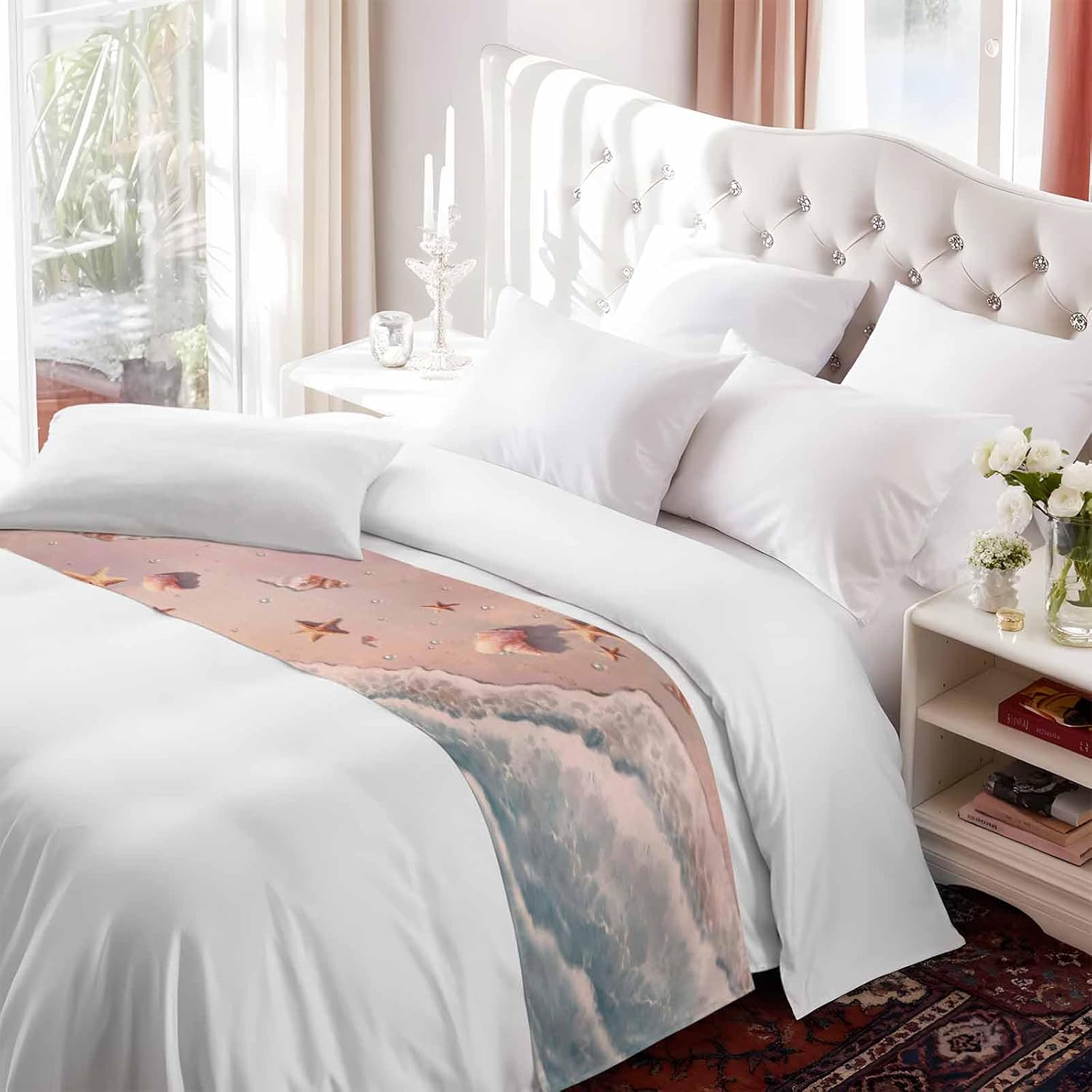 Summer Beaches Bed Runner for King Size Bed, 102"x20" Nautical Ocean Pink Wave Sea Nut Starfish Pearl Luxury Bed Runners & Scarves Decorative Bedding Scarf Protector Slipcover for Home Hotel