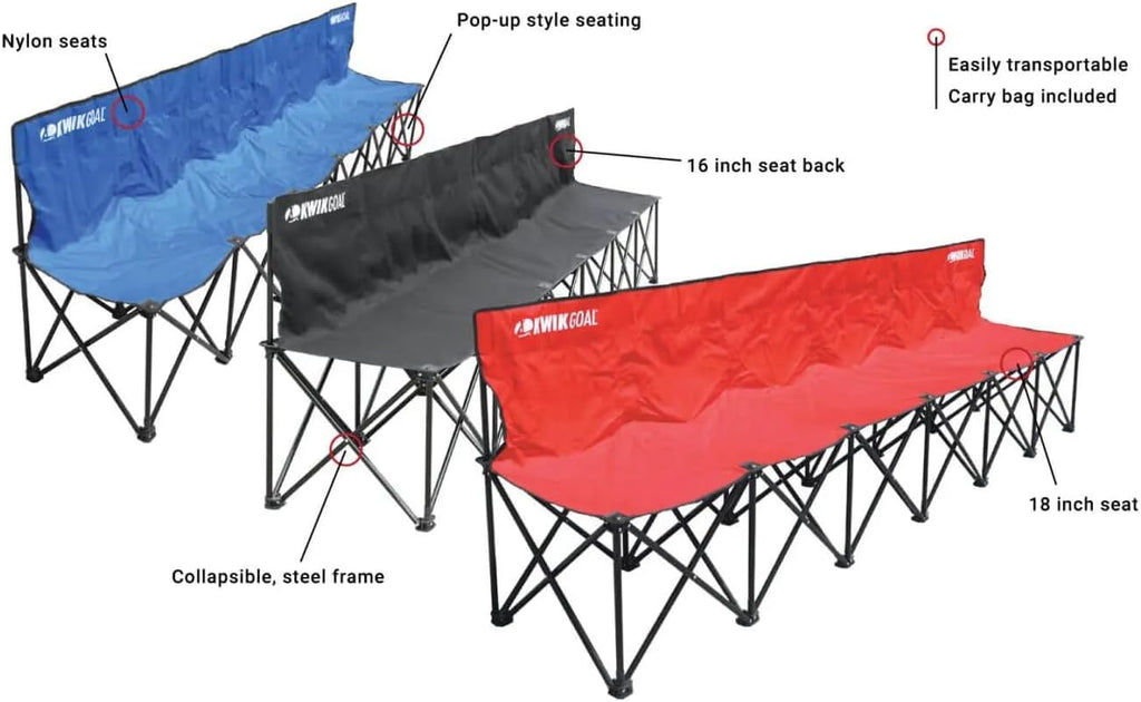 Kwik Goal 6-Seat Kwik Bench, Black, Steel Frame with Woven Fabric Seats, 16" H x 108" W