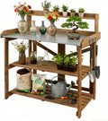 Outdoor Potting Bench Table, Indoor Wooden Work Station with Metal Table Top, Metal Hooks, Large Shelves, Heavy-Duty Gardening Workbench for Garden, Backyard, Patio, BBQ Prep Station, Easy Assembly