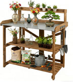 Outdoor Potting Bench Table, Indoor Wooden Work Station with Metal Table Top, Metal Hooks, Large Shelves, Heavy-Duty Gardening Workbench for Garden, Backyard, Patio, BBQ Prep Station, Easy Assembly
