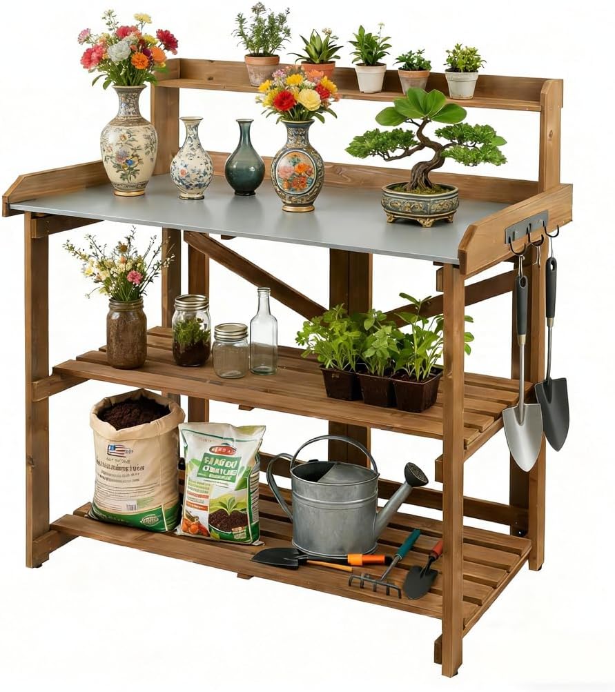 Outdoor Potting Bench Table, Indoor Wooden Work Station with Metal Table Top, Metal Hooks, Large Shelves, Heavy-Duty Gardening Workbench for Garden, Backyard, Patio, BBQ Prep Station, Easy Assembly